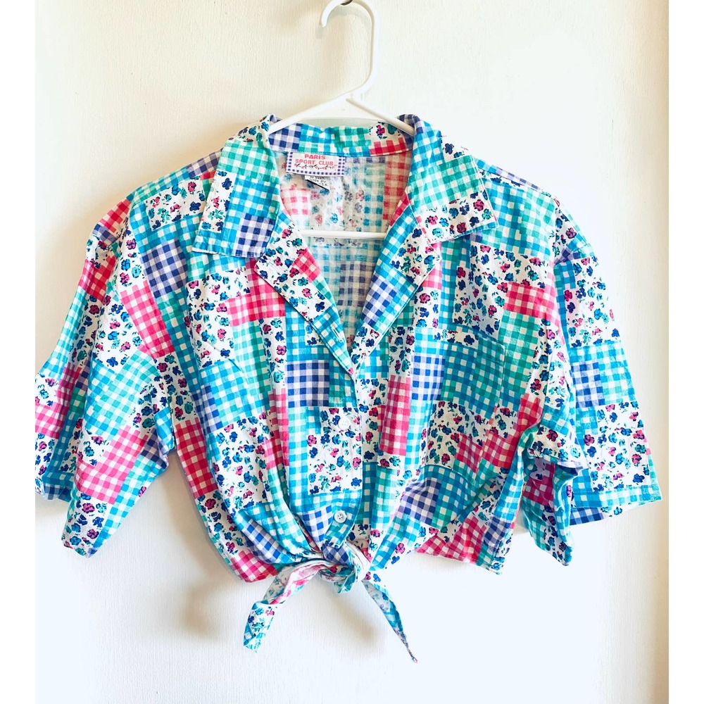L Vtg Patchwork Gingham Crop Top Button Down Tie … - image 1